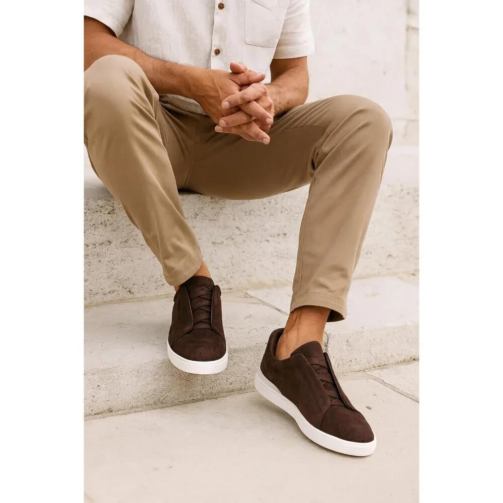 Men's Genuine Leather Chocolate Brown Foam Insole Lightweight Sneakers Shoes